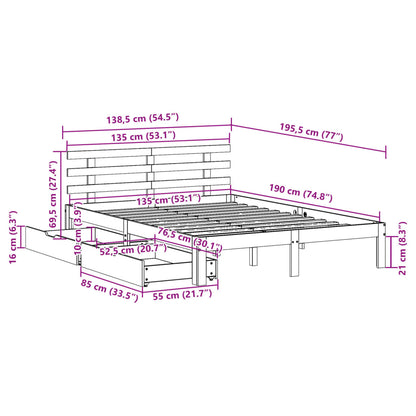 Estrutura de cama com gavetas 135x190 cm pinho maciço branco