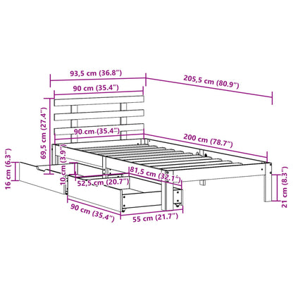 Estrutura de cama c/ gavetas 90x200 cm pinho maciço branco