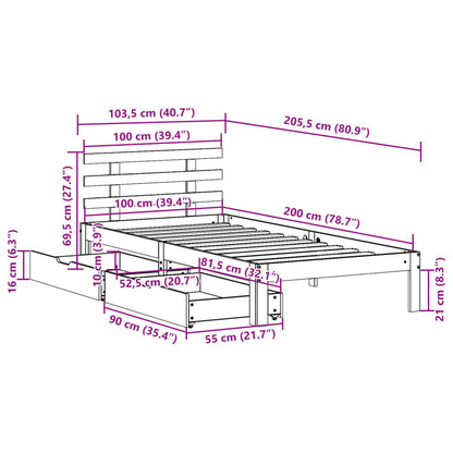 Estrutura de cama c/ gavetas 100x200 cm pinho maciço branco