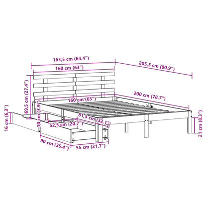 Estrutura de cama com gavetas 160x200 cm pinho maciço branco