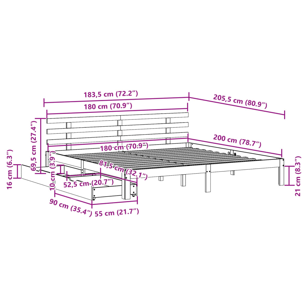 Estrutura de cama c/ gavetas 180x200 cm pinho maciça branco