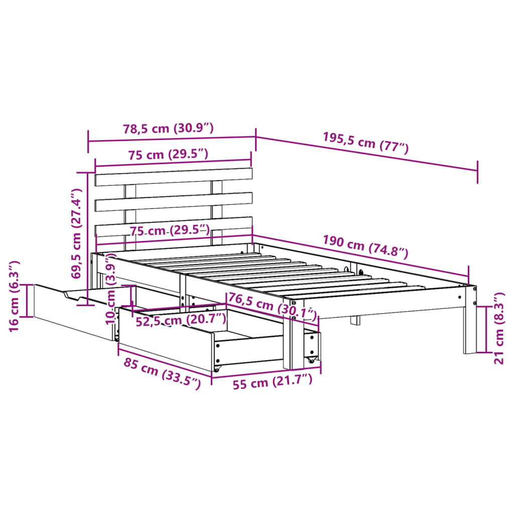 Estrutura de cama c/ gavetas 75x190cm pinho maciço castanho-mel