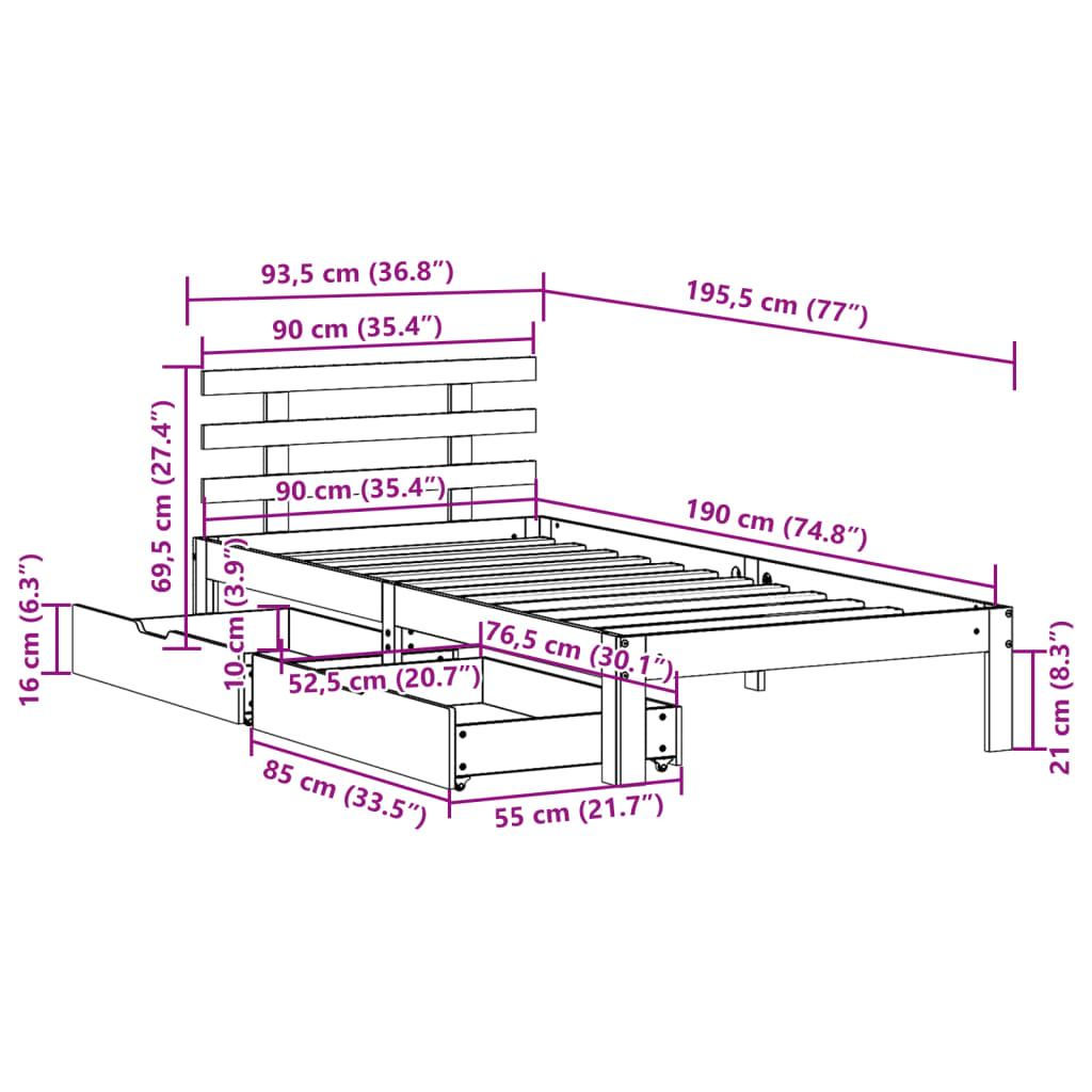 Estrutura de cama c/ gavetas 90x190cm pinho maciço castanho-mel