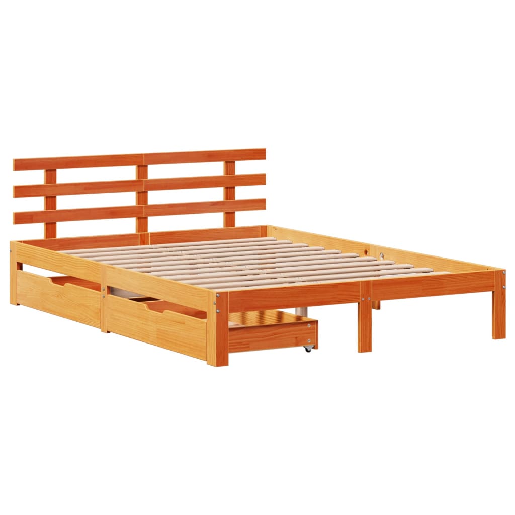 Estrutura cama c/ gavetas 140x190 cm pinho maciço castanho-mel