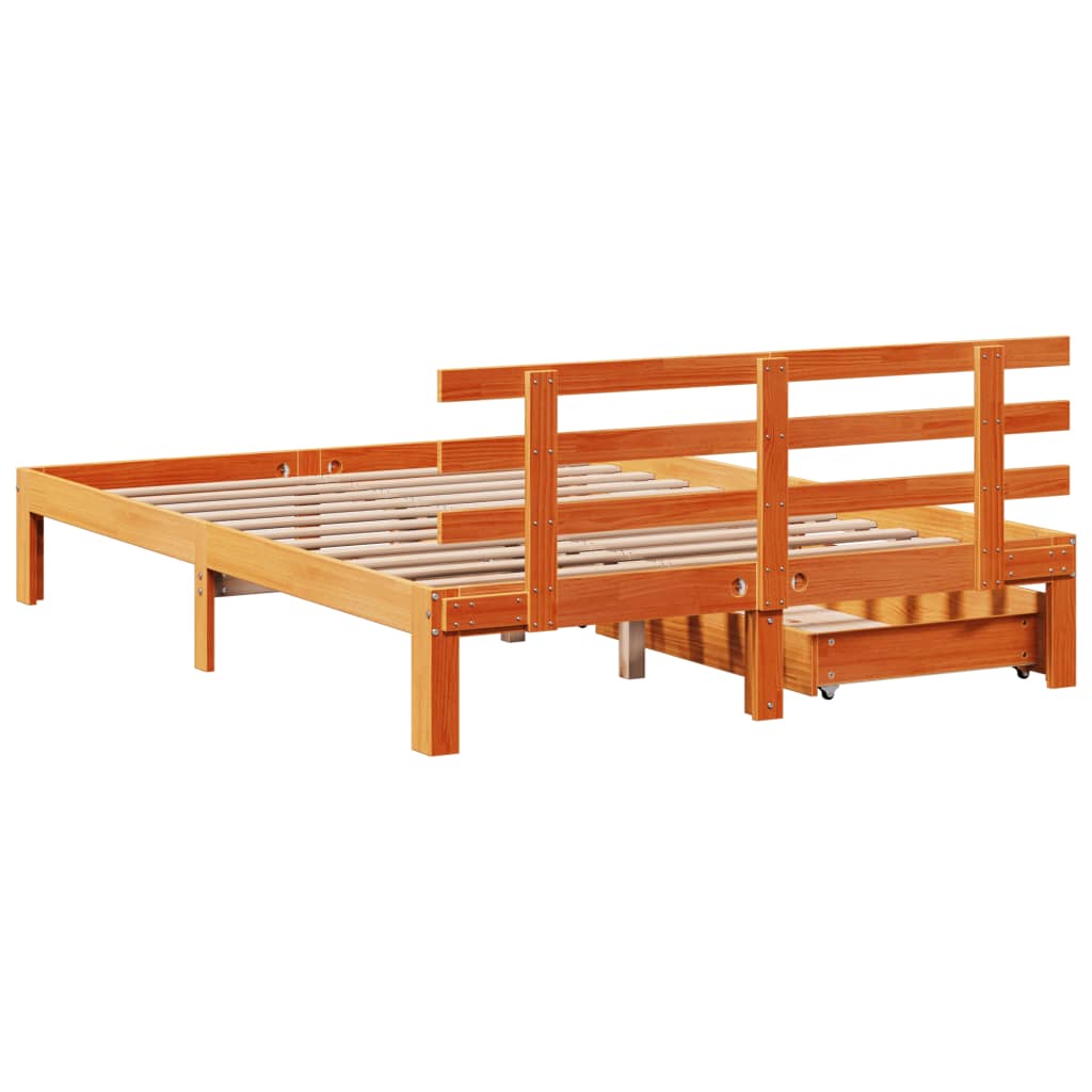 Estrutura cama c/ gavetas 140x190 cm pinho maciço castanho-mel