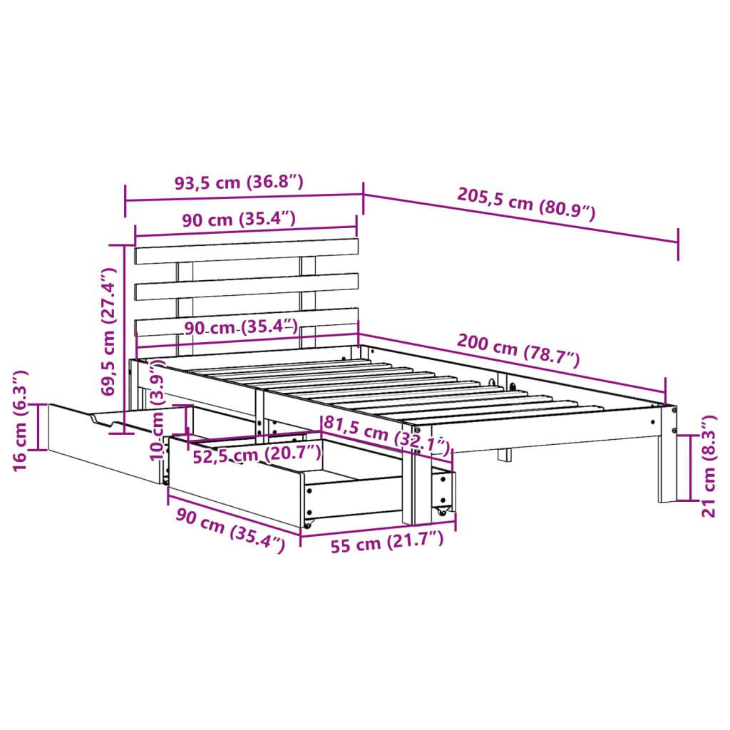 Estrutura de cama c/ gavetas 90x200cm pinho maciço castanho-mel