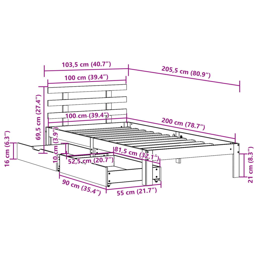 Estrutura cama c/ gavetas 100x200 cm pinho maciço castanho-mel