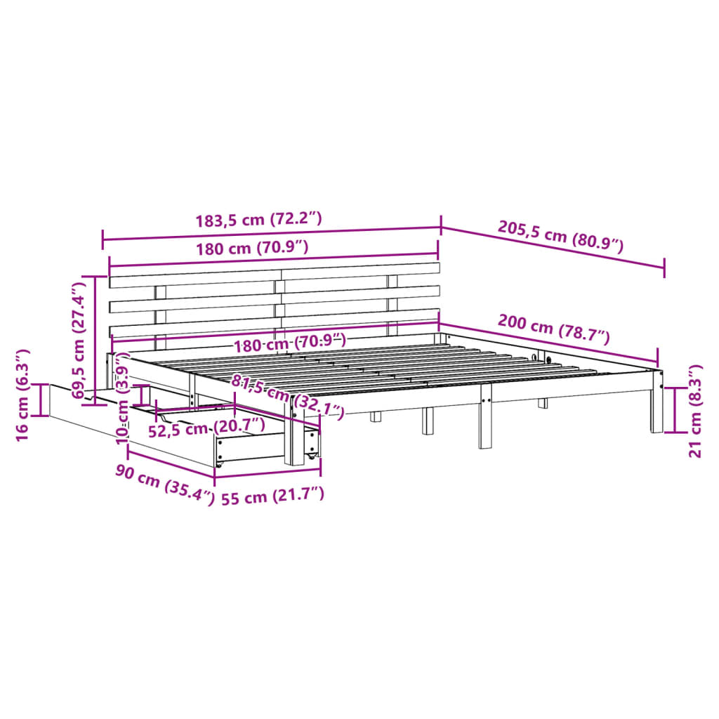 Estrutura de cama c/ gavetas 180x200 cm pinho castanho cera