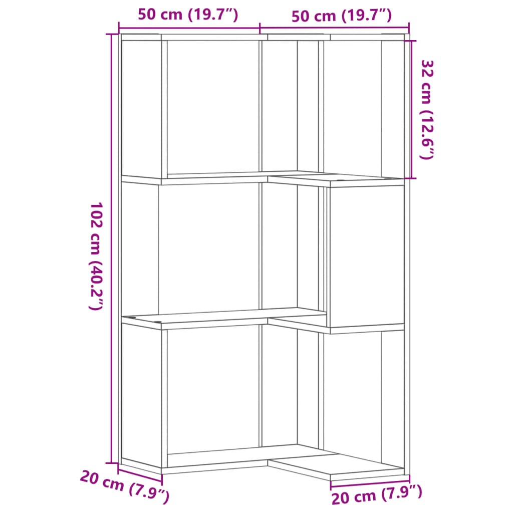 Estante canto 3 prateleiras 50x50x102 cm deriv. madeira preto