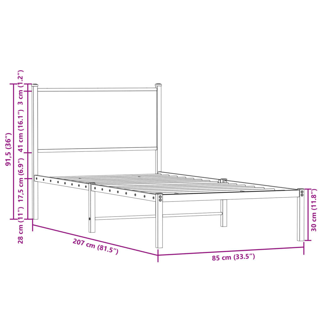 Estrutura de cama com cabeceira 80x200 cm metal carvalho fumado