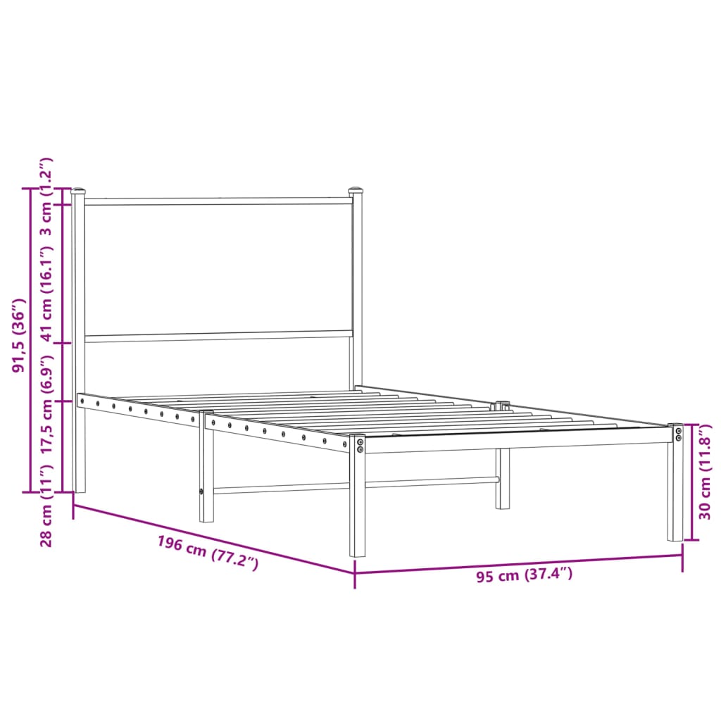 Estrutura de cama com cabeceira 90x190 cm metal carvalho fumado