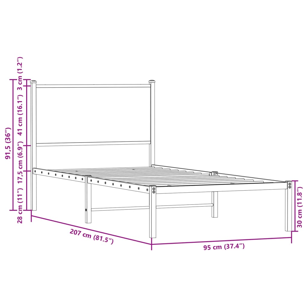 Estrutura de cama com cabeceira 90x200 cm metal carvalho fumado