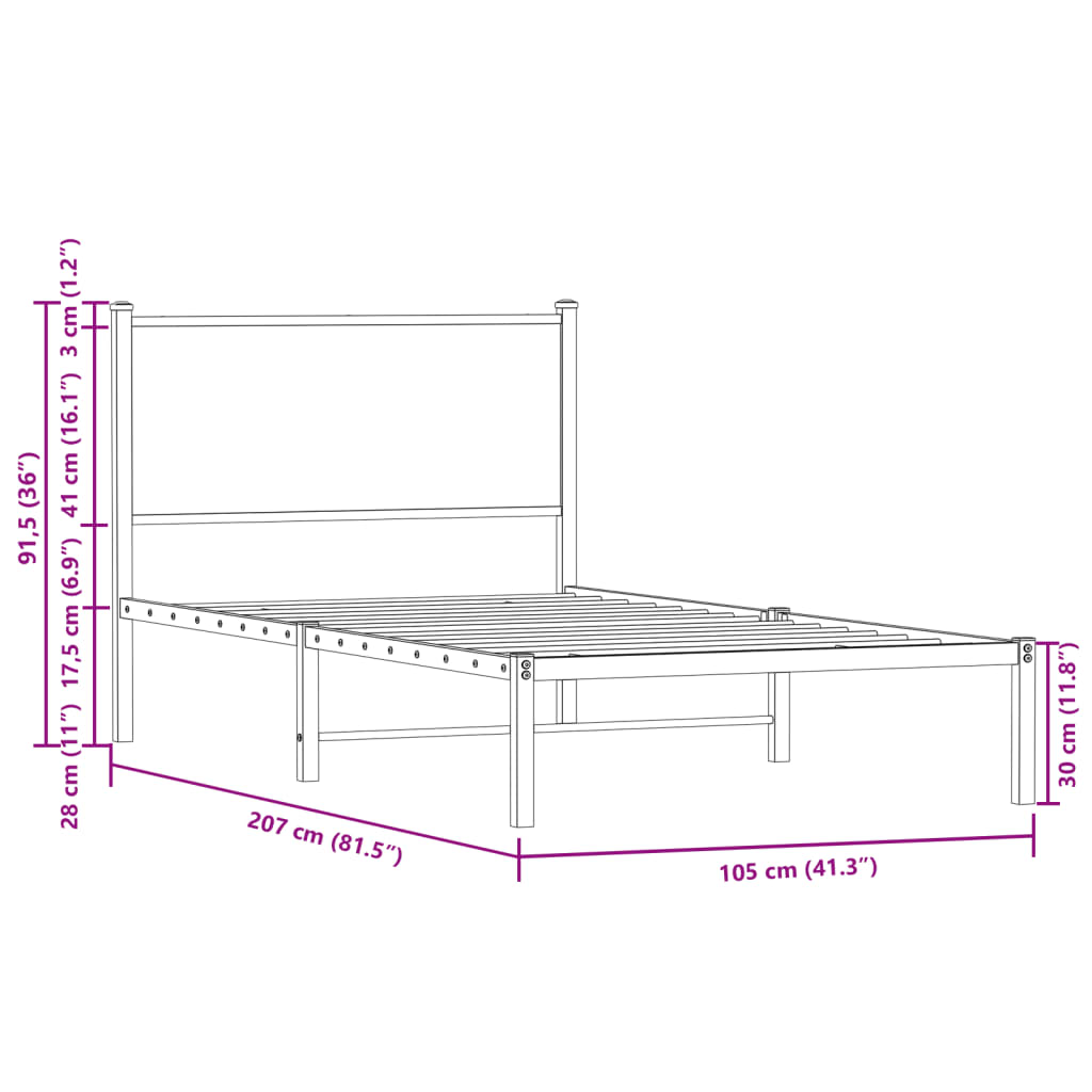 Estrutura de cama com cabeceira 100x200cm metal carvalho fumado