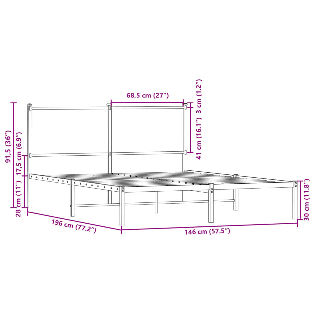 Estrutura de cama com cabeceira 140x190cm metal carvalho fumado