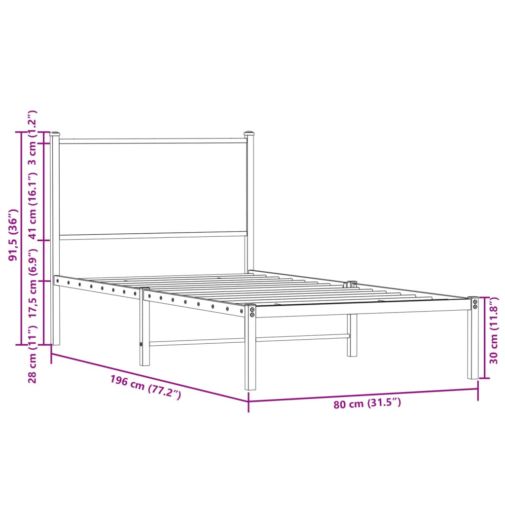 Estrutura de cama com cabeceira 75x190 cm metal carvalho sonoma