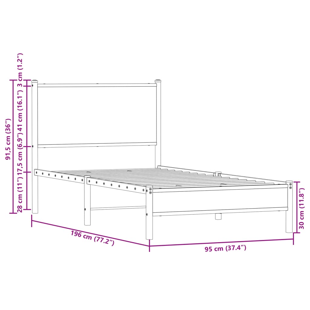 Estrutura de cama com cabeceira 90x190 cm metal carvalho fumado