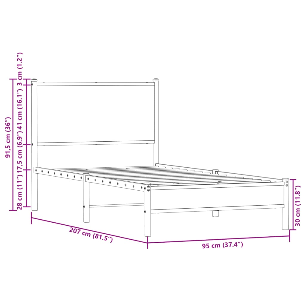 Estrutura de cama com cabeceira 90x200 cm metal carvalho fumado