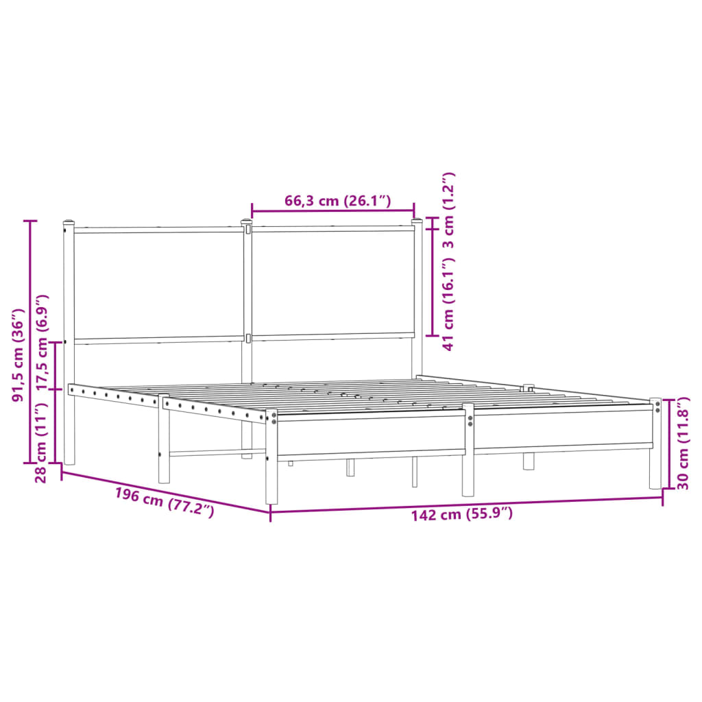 Estrutura de cama com cabeceira 137x190cm metal carvalho fumado