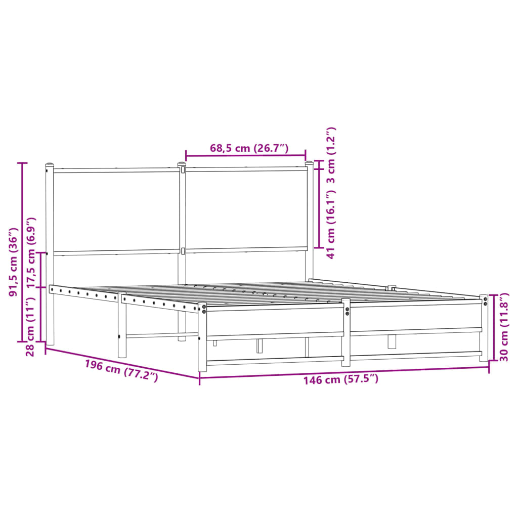 Estrutura de cama sem colchão 140x190 cm metal carvalho fumado