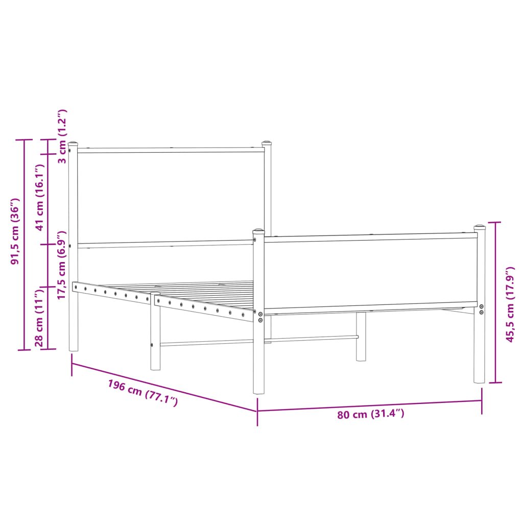 Estrutura de cama sem colchão 75x190 cm metal carvalho fumado