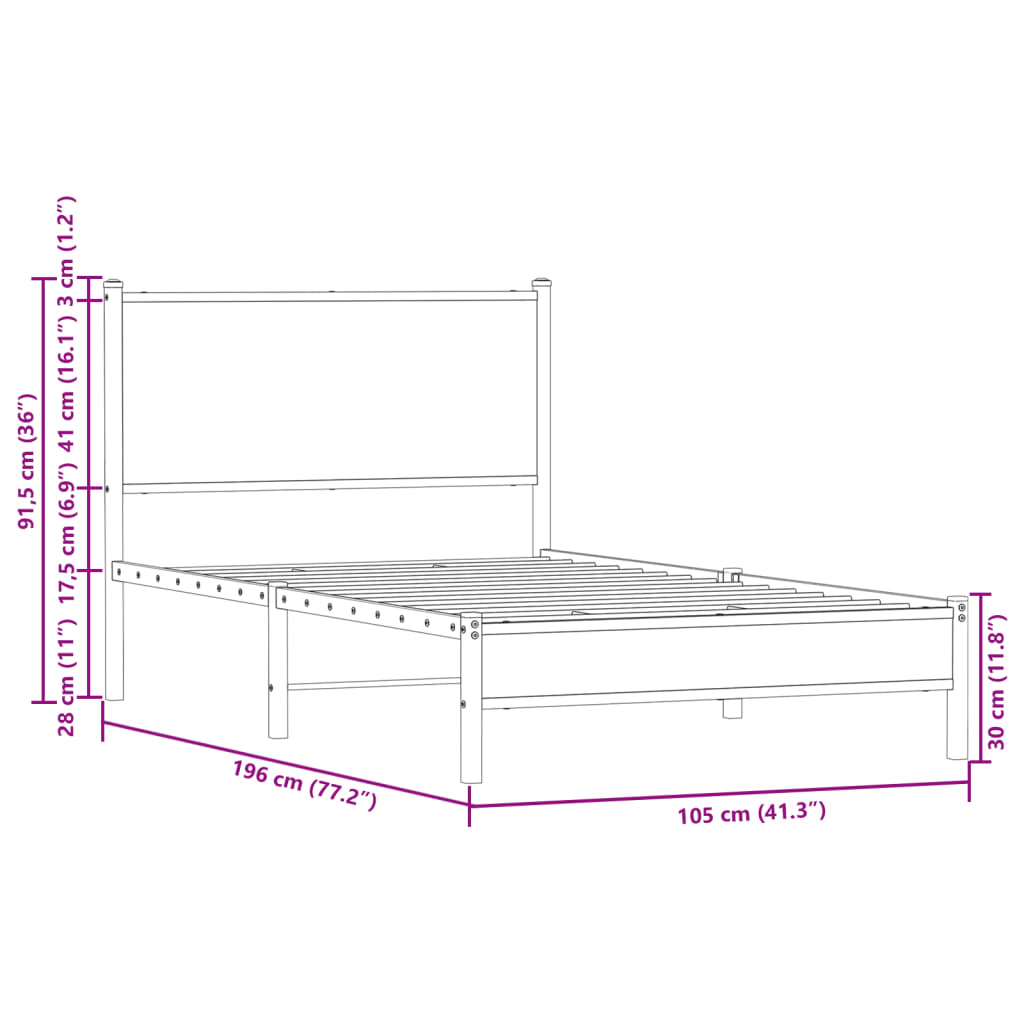 Estrutura cama com cabeceira 100x190cm metal carvalho castanho