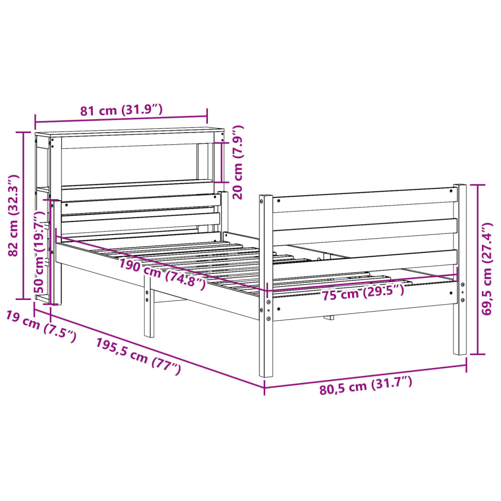 Estrutura de cama com cabeceira 75x190 cm pinho maciço