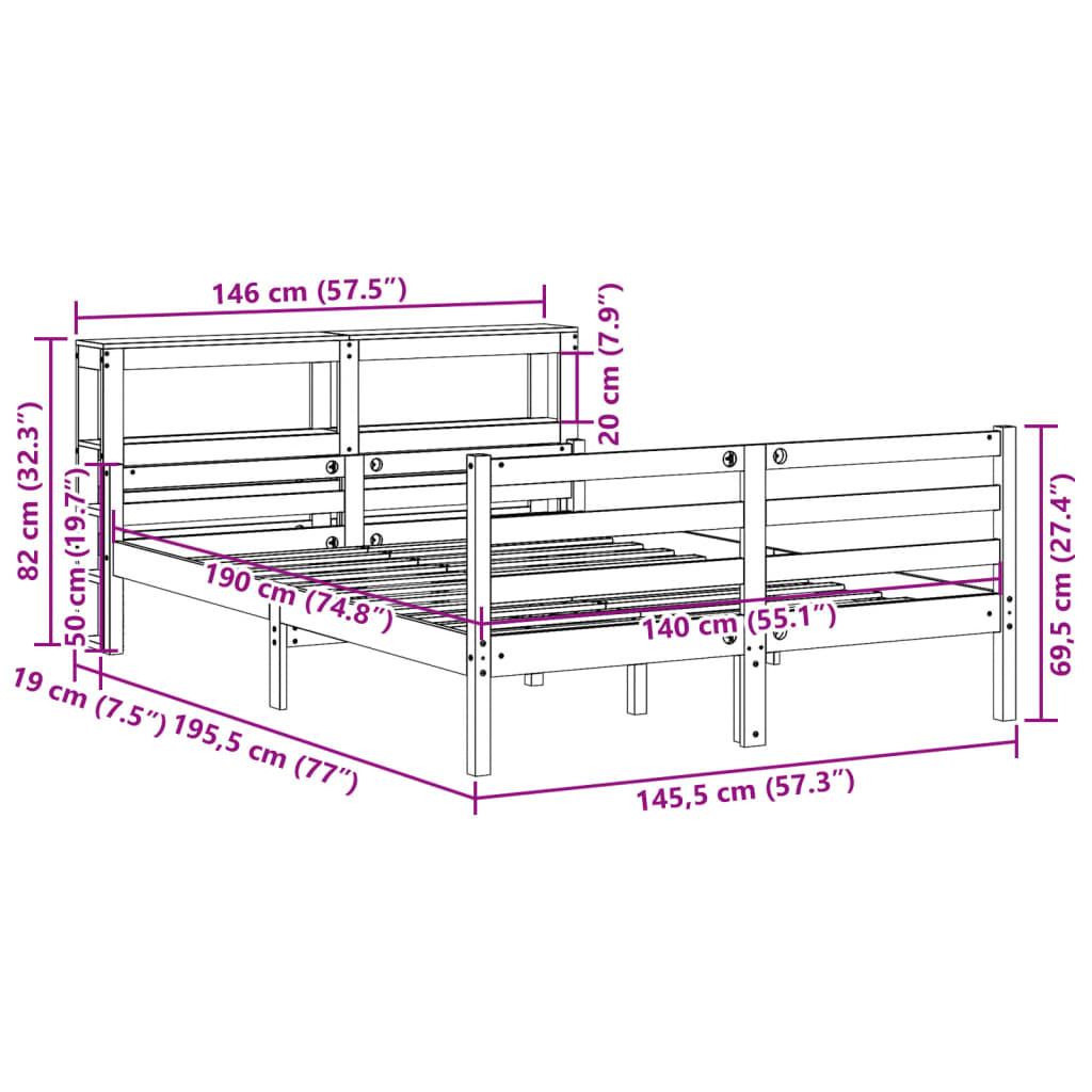 Estrutura cama c/ cabeceira 140x190 cm pinho maciço