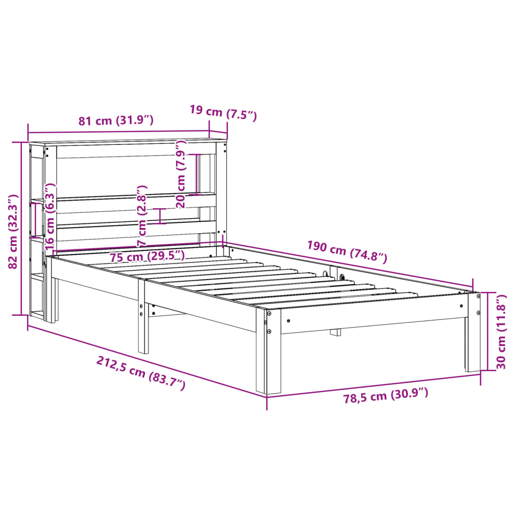 Estrutura de cama com cabeceira 75x190 cm pinho maciço