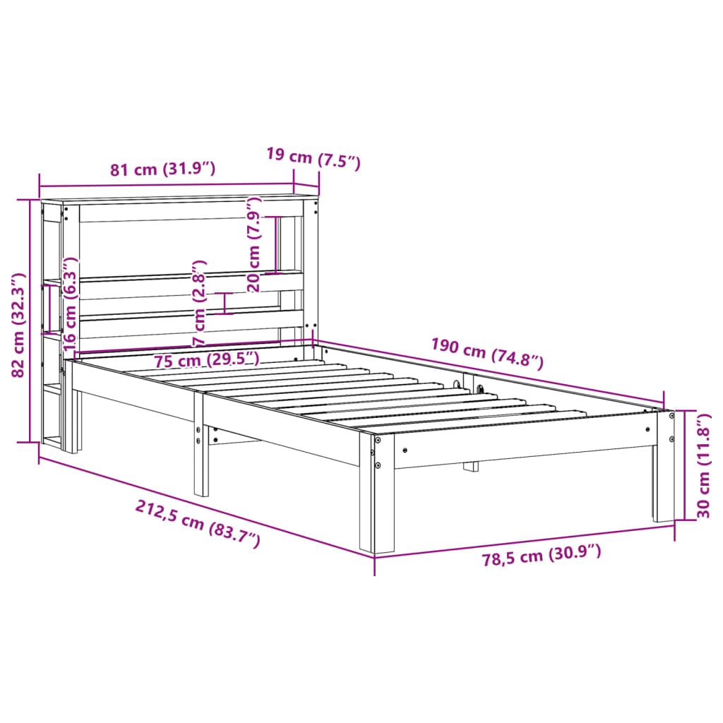 Estrutura cama c/ cabeceira 75x190 cm pinho maciço