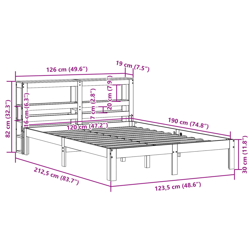 Estrutura cama c/ cabeceira 120x190 cm pinho maciço