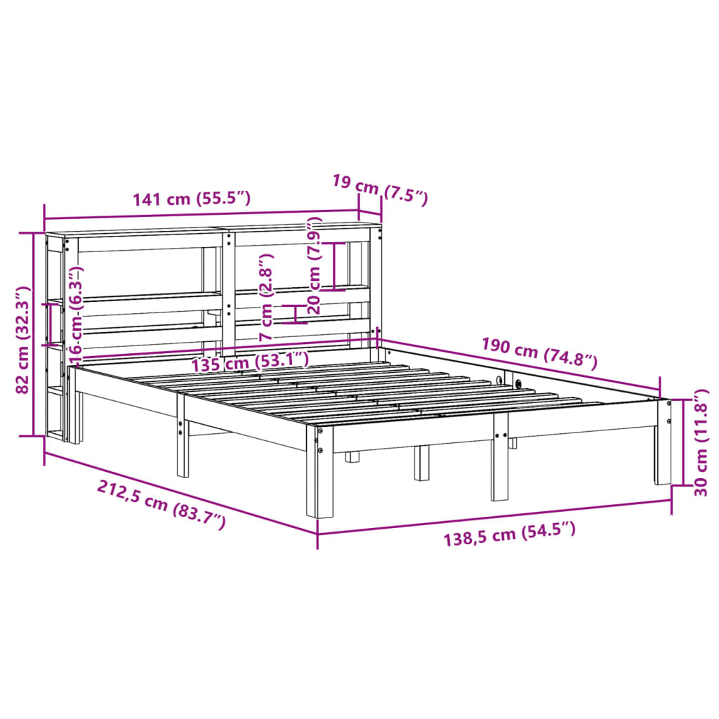 Estrutura cama c/ cabeceira 135x190 cm pinho maciço