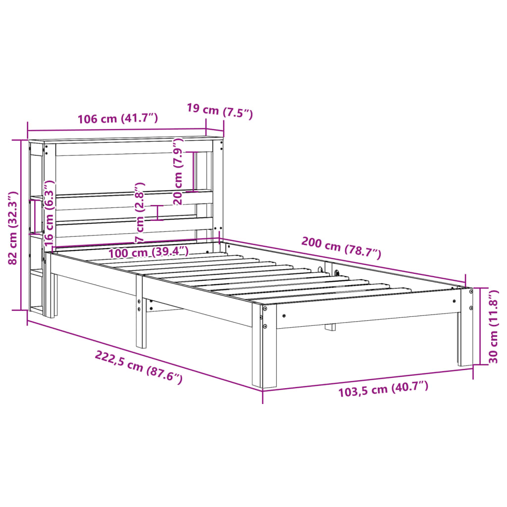 Estrutura de cama com cabeceira 100x200cm pinho maciço