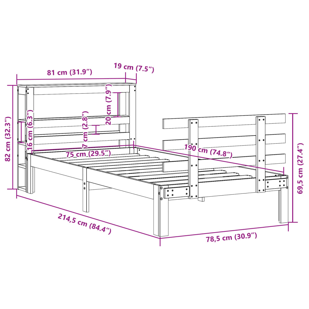 Estrutura cama c/ cabeceira 75x190 cm pinho maciço