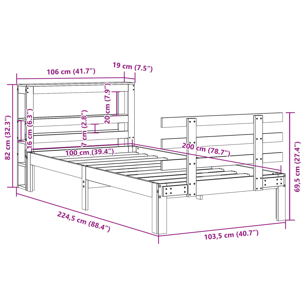 Estrutura de cama c/ cabeceira sem colchão 100x200 cm branco