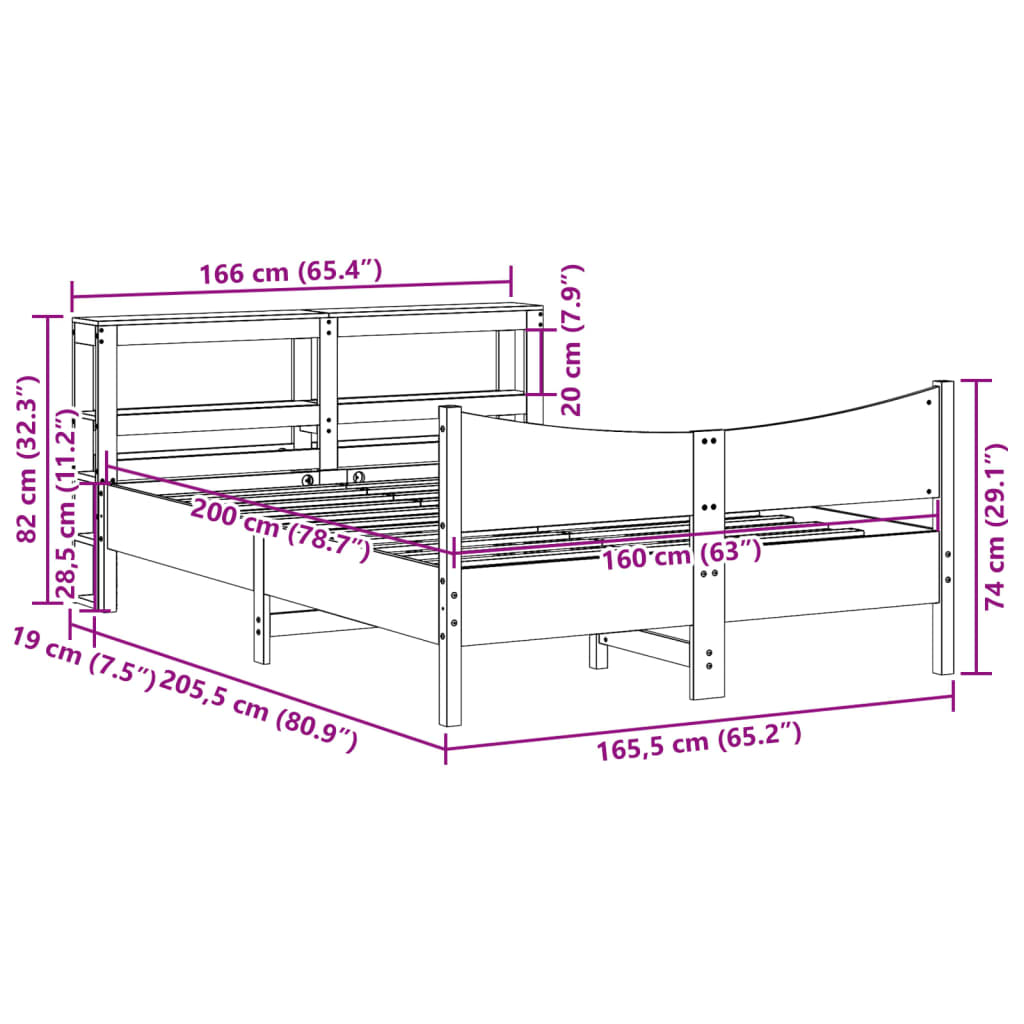 Estrutura de cama com cabeceira 160x200 cm pinho maciço