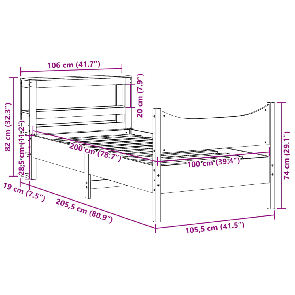 Estrutura de cama com cabeceira 100x200cm pinho maciço