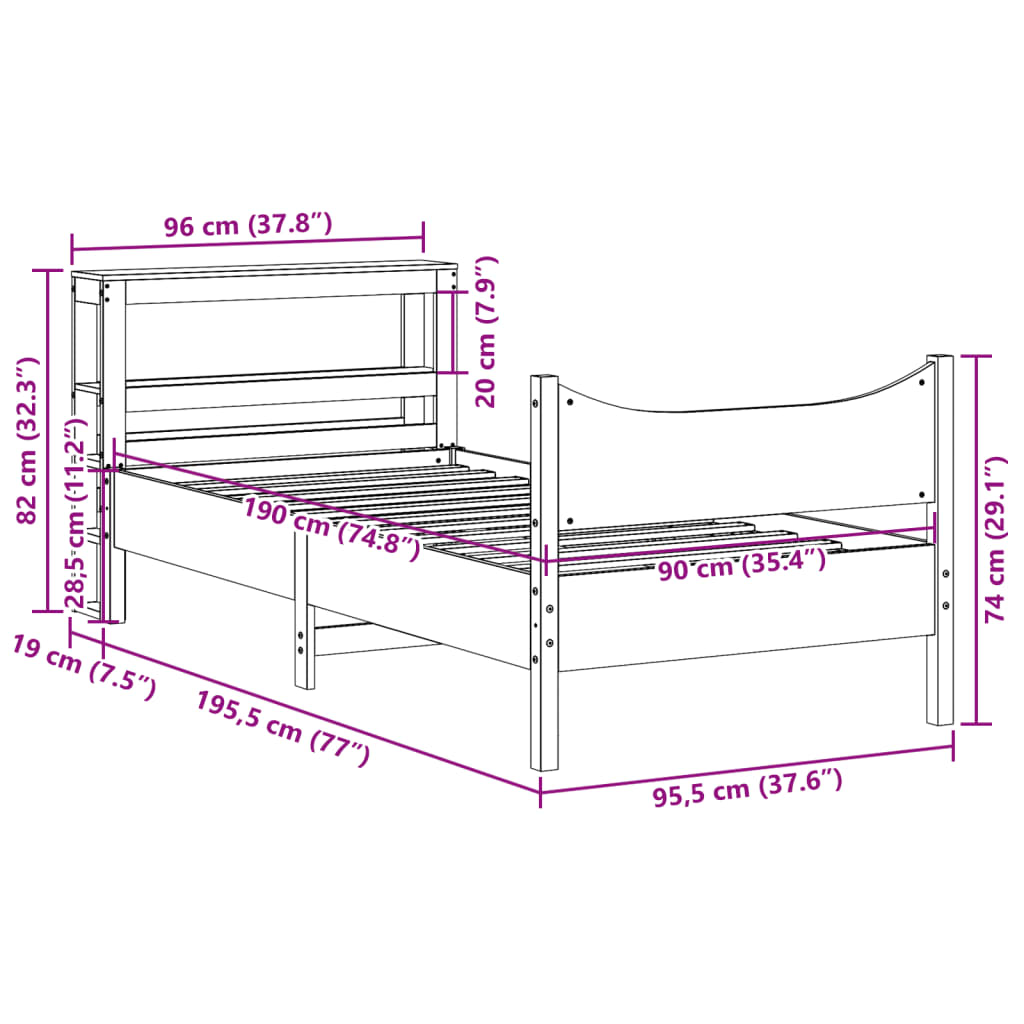 Estrutura de cama com cabeceira 90x190 cm pinho maciço