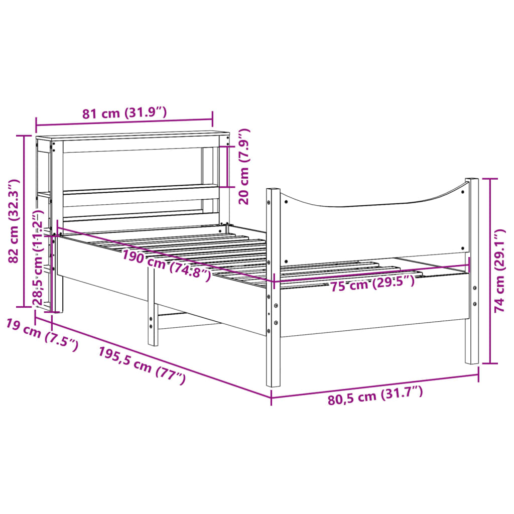 Estrutura cama c/ cabeceira 75x190 cm pinho maciço