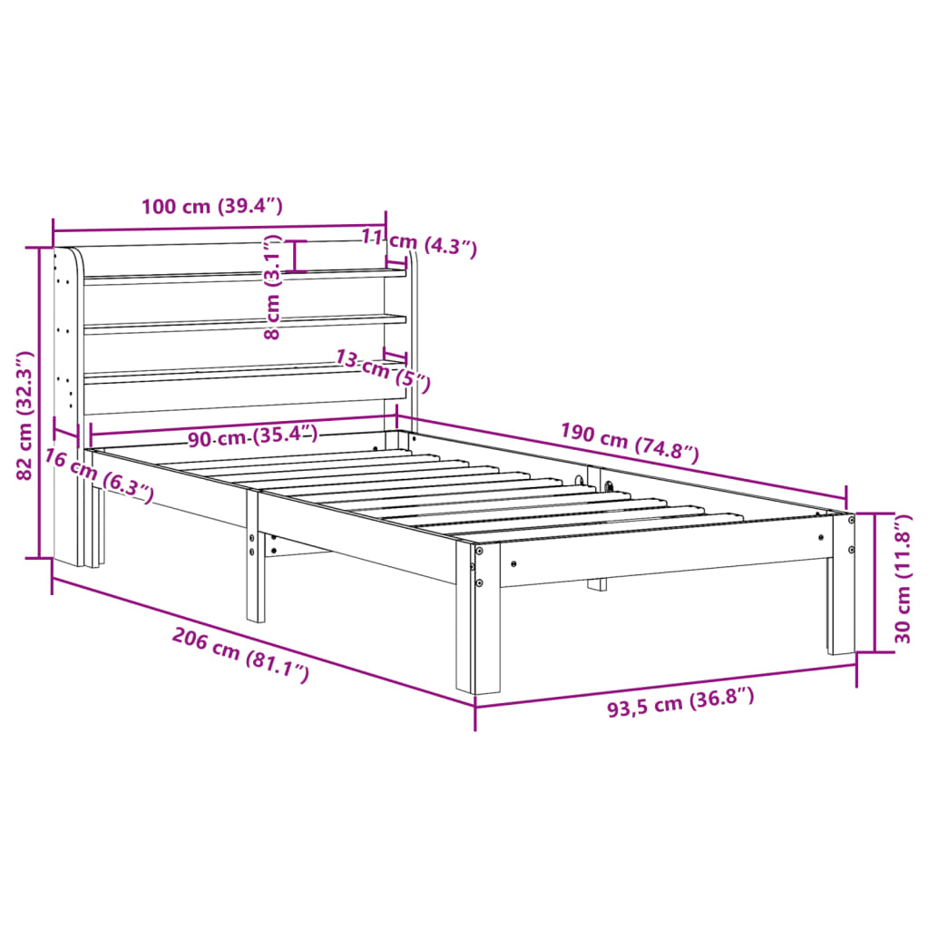 Estrutura de cama com cabeceira 90x190 cm pinho maciço