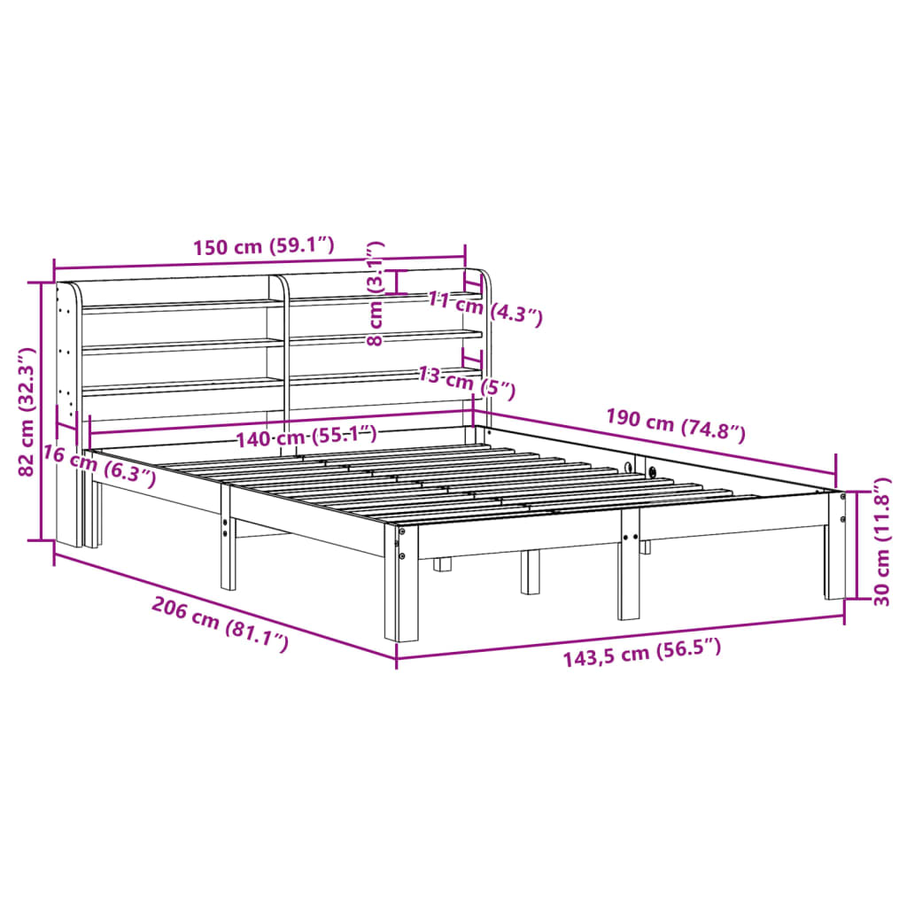 Estrutura cama c/ cabeceira 140x190 cm pinho maciço