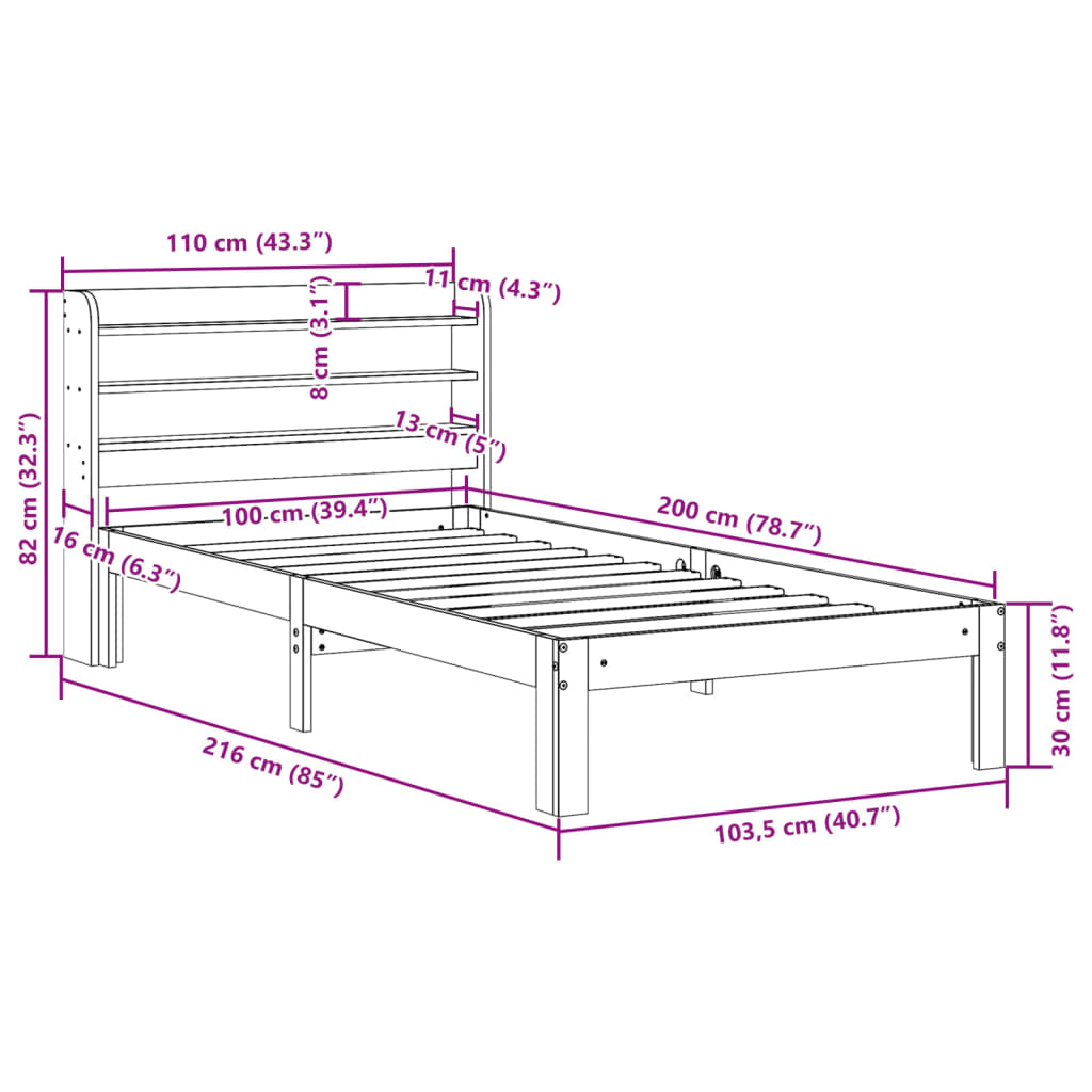 Estrutura de cama com cabeceira 100x200cm pinho maciço branco