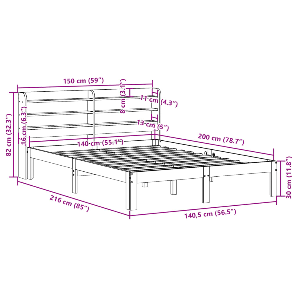 Estrutura de cama com cabeceira 140x200 cm pinho maciço branco