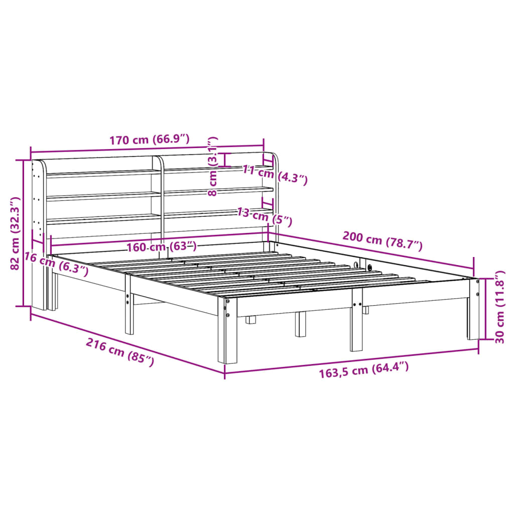 Estrutura de cama com cabeceira 160x200 cm pinho maciço