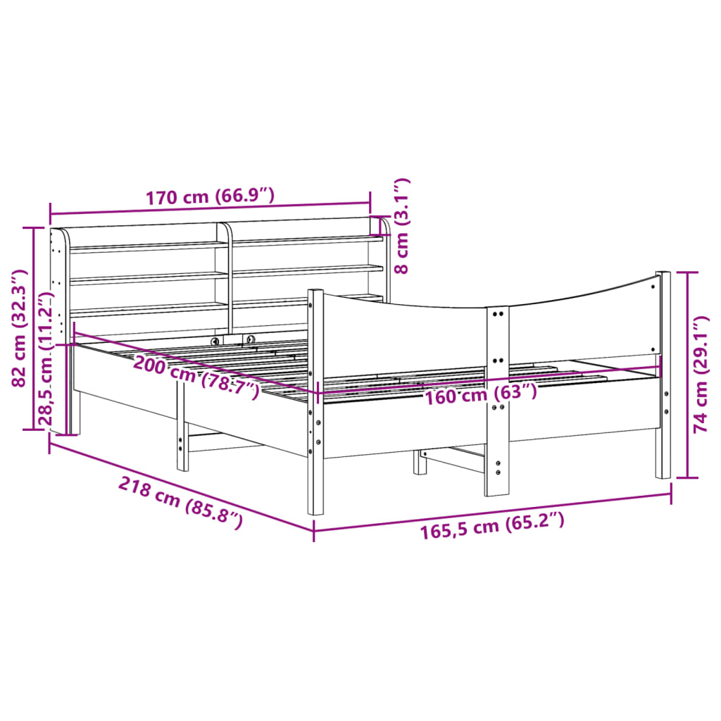 Estrutura de cama com cabeceira 160x200 cm pinho maciço