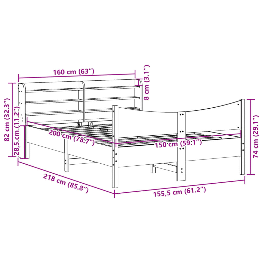 Estrutura de cama c/ cabeceira 150x200 cm pinho maciço branco