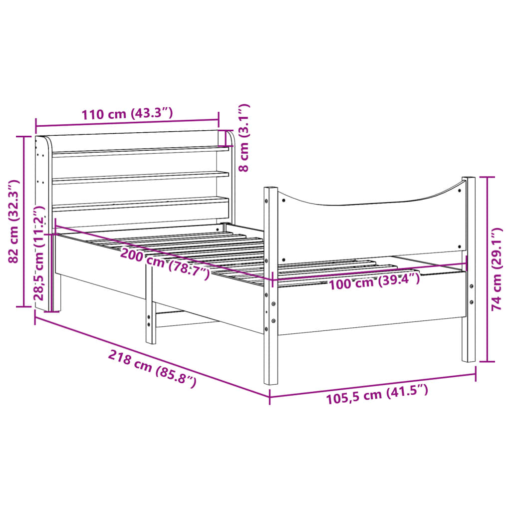 Estrutura de cama com cabeceira 100x200cm pinho maciço branco