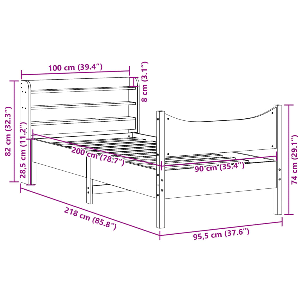 Estrutura de cama com cabeceira 90x200 cm pinho maciço