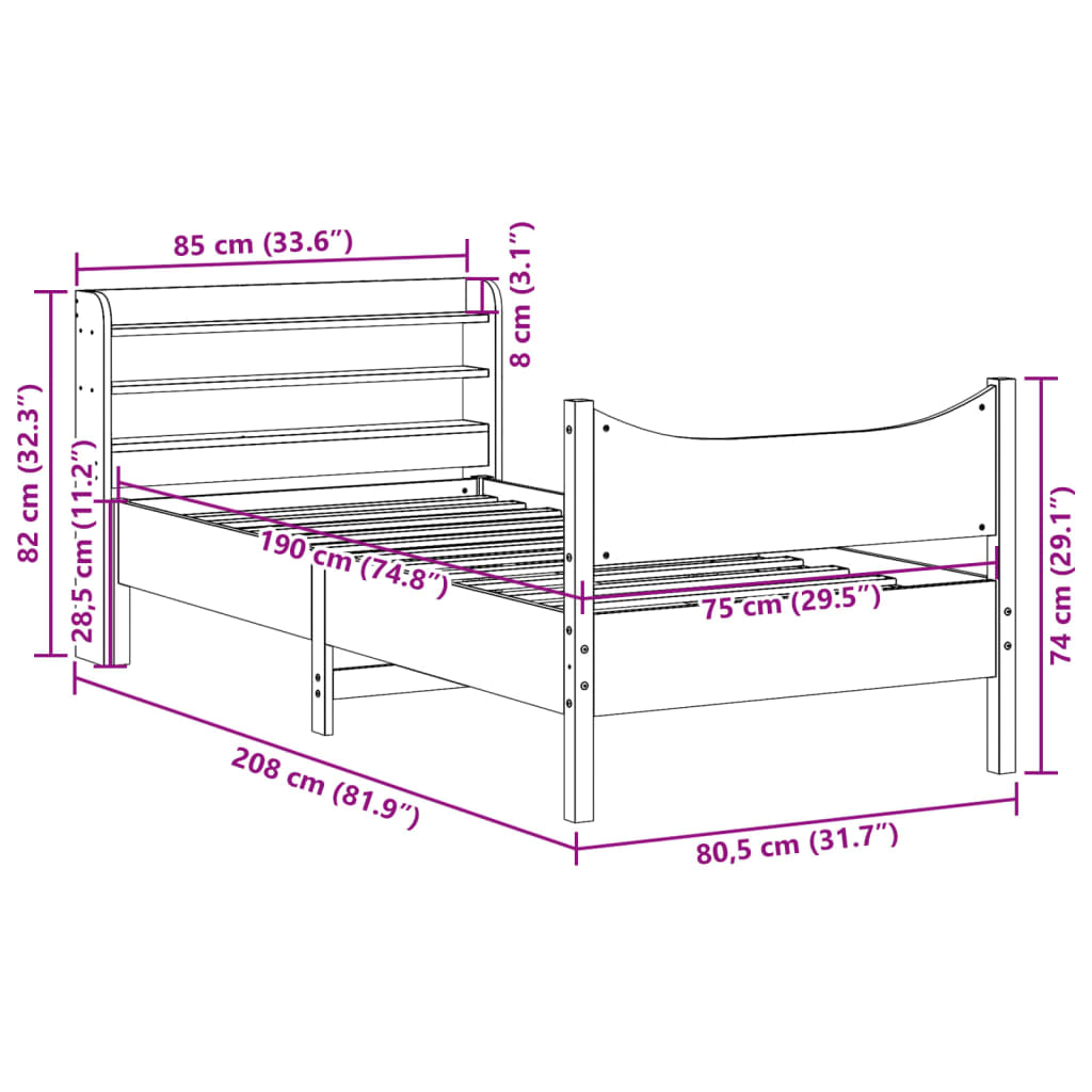 Estrutura cama c/ cabeceira 75x190 cm pinho maciço castanho-mel