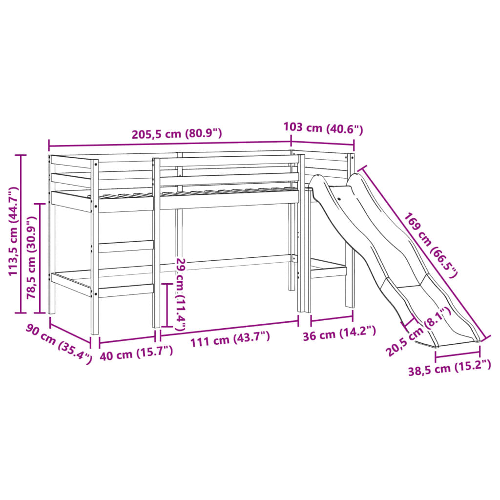 Cama alta para criança sem colchão 90x200 cm pinho maciço