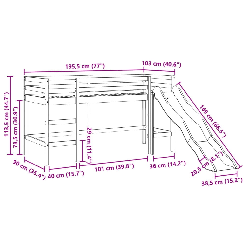 Cama alta para criança sem colchão 90x190 cm pinho maciço